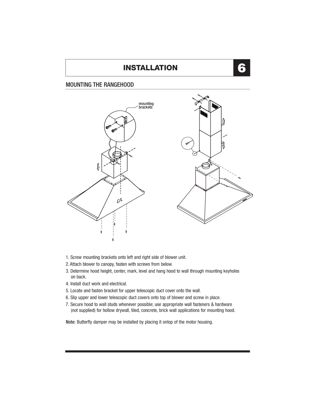 Jenn-Air JXT8042ADS specifications INSTALLATION6, Mounting the Rangehood 