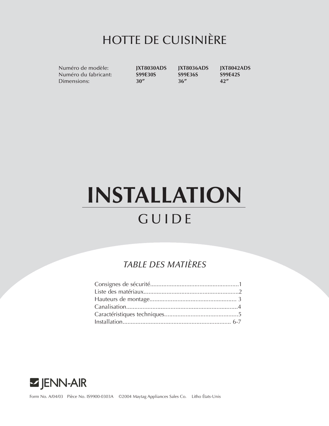 Jenn-Air JXT8042ADS specifications Hotte DE Cuisinière 