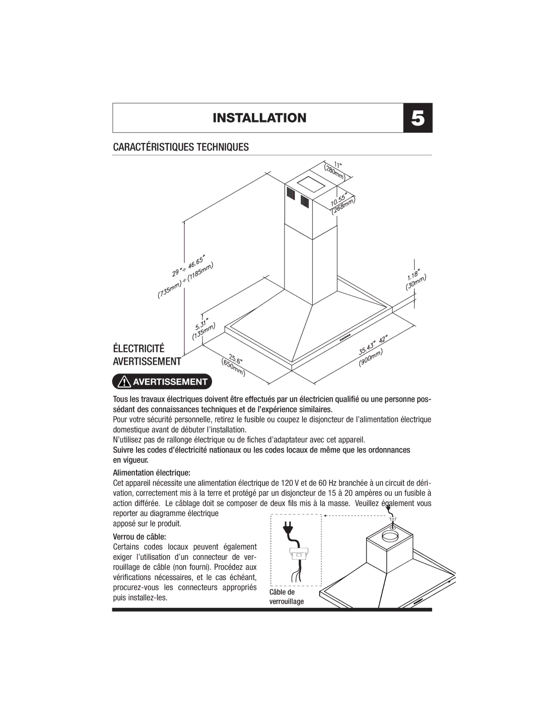 Jenn-Air JXT8142ADS Caractéristiques Techniques Électricité Avertissement, Apposé sur le produit Verrou de câble 