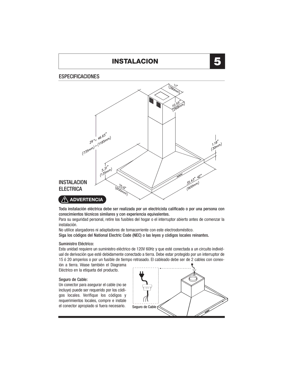 Jenn-Air JXT8136ADS, JXT8142ADS INSTALACION5, Especificaciones Instalacion Electrica, Advertencia, Seguro de Cable 