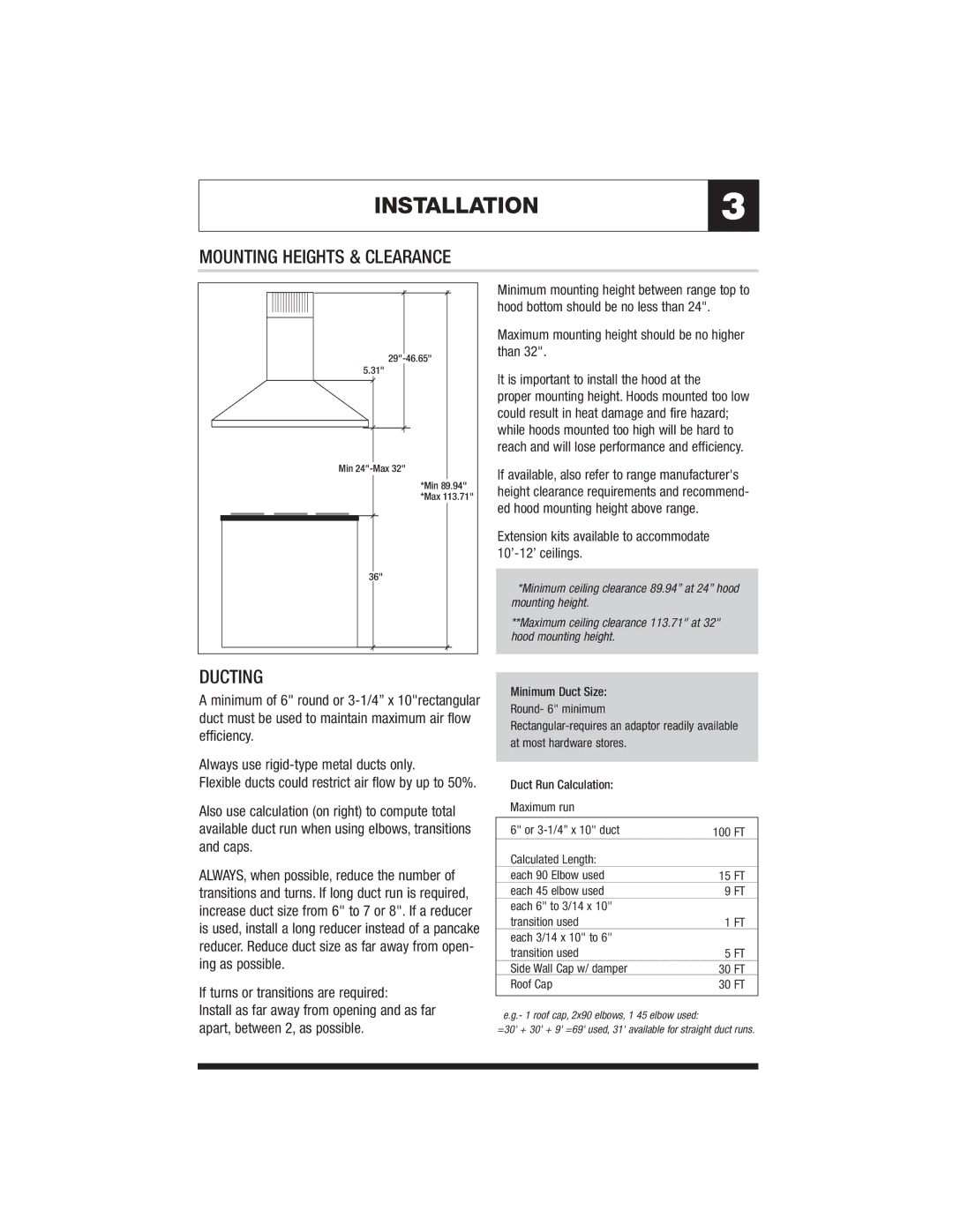 Jenn-Air JXT8136ADS, JXT8142ADS INSTALLATION3, Mounting Heights & Clearance, Ducting, If turns or transitions are required 