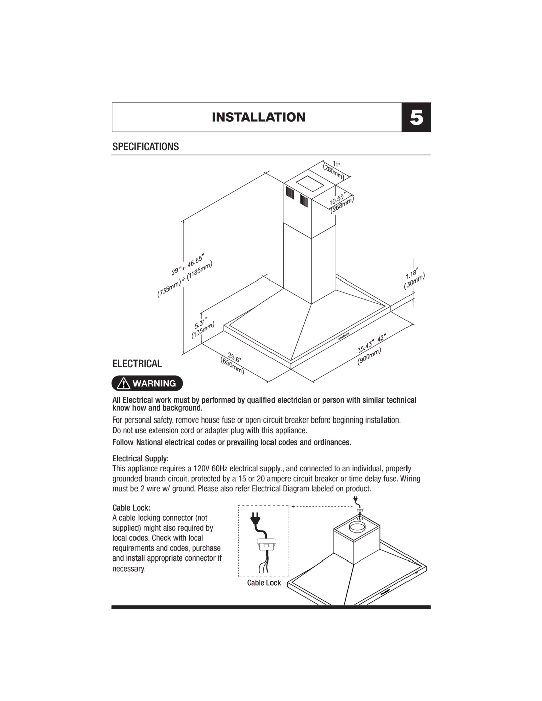 Jenn-Air JXT8136ADS, JXT8142ADS specifications INSTALLATION5, Specifications Electrical, Cable Lock 