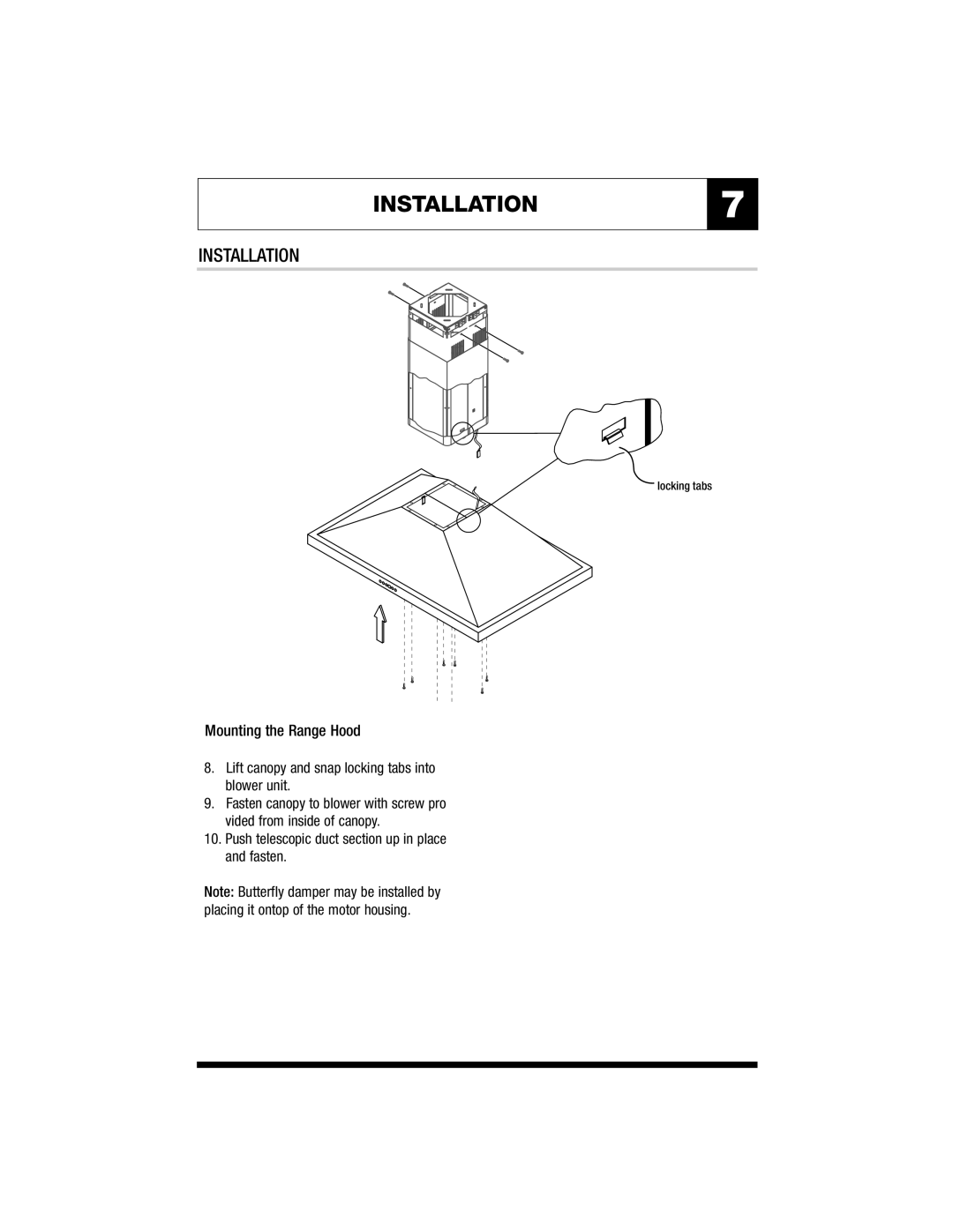 Jenn-Air JXT8136ADS, JXT8142ADS specifications INSTALLATION7, Push telescopic duct section up in place and fasten 