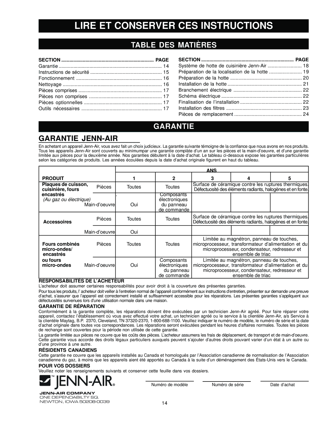 Jenn-Air JXT9048BDP, JXT9030BDP, JXT9036BDP installation manual Table DES Matières, Garantie 