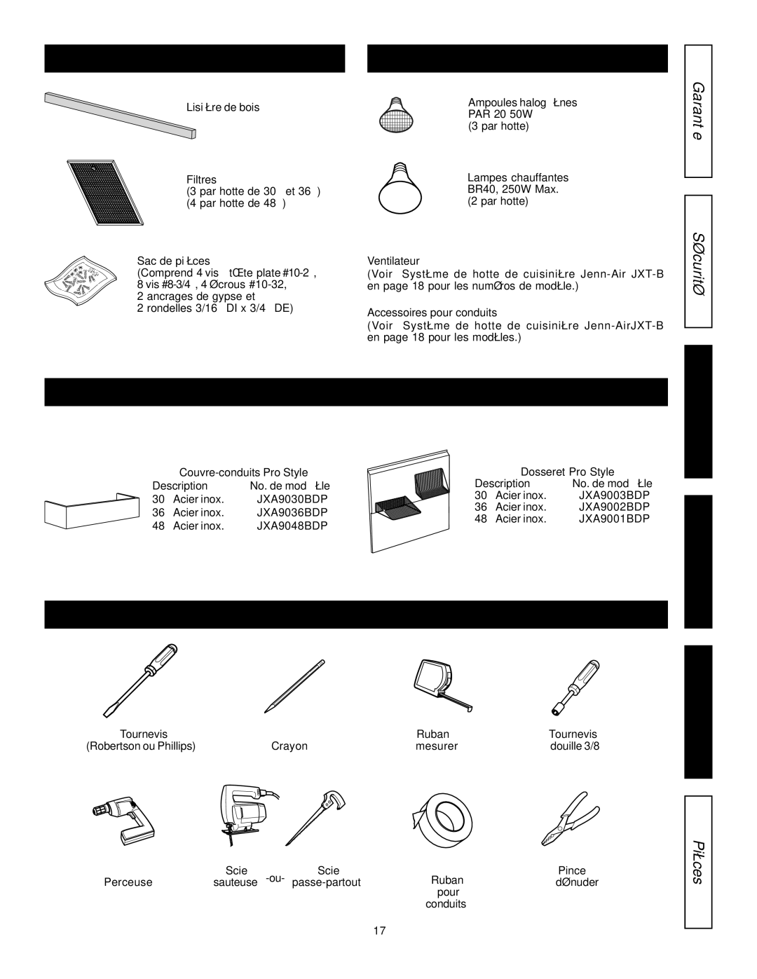 Jenn-Air JXT9048BDP, JXT9030BDP PIÈ CES Comprises, Pièces NON Comprises, PIÈ CES Optionnelles, Outils NÉ Cessaires 