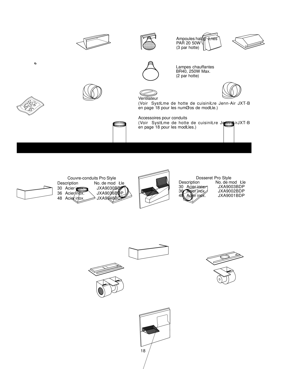 Jenn-Air JXT9030BDP Système DE Hotte DE Cuisinière JENN-AIR JXT-B, Couvre-conduits Pro Style optionnel Voir page 17 pour 