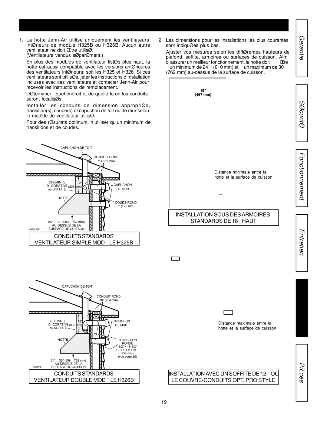 Jenn-Air JXT9036BDP PRÉ Paration DE LA Localisation DE LA Hotte, Conduits Standards Ventilateur Simple Modè LE H325B 