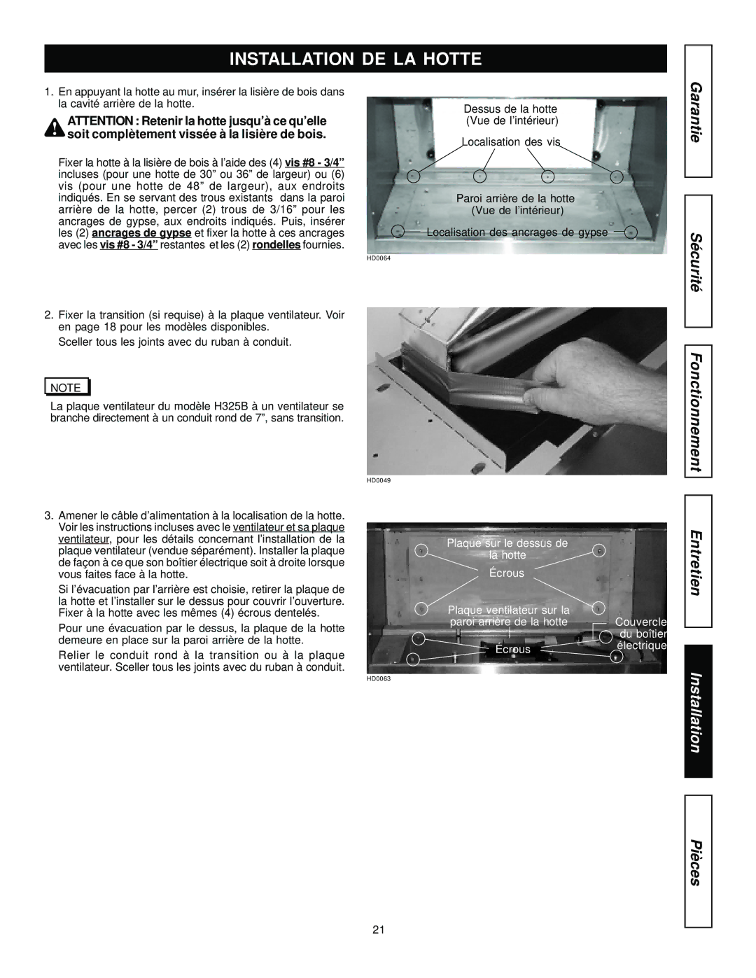 Jenn-Air JXT9030BDP, JXT9036BDP, JXT9048BDP installation manual Installation DE LA Hotte, Garantie 