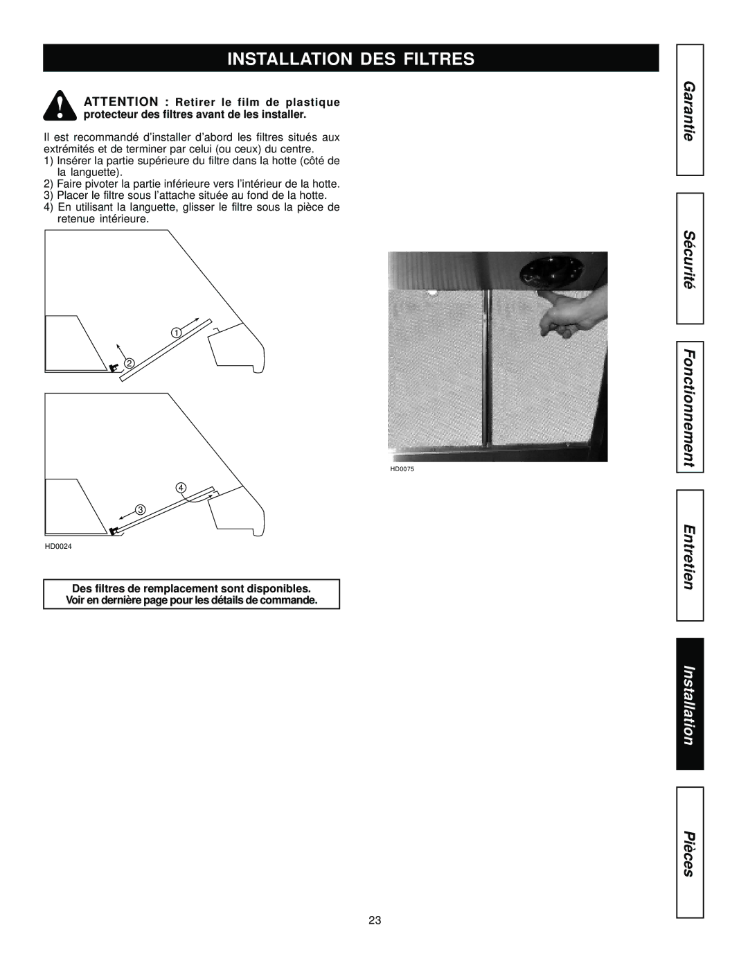 Jenn-Air JXT9048BDP, JXT9030BDP, JXT9036BDP installation manual Installation DES Filtres 