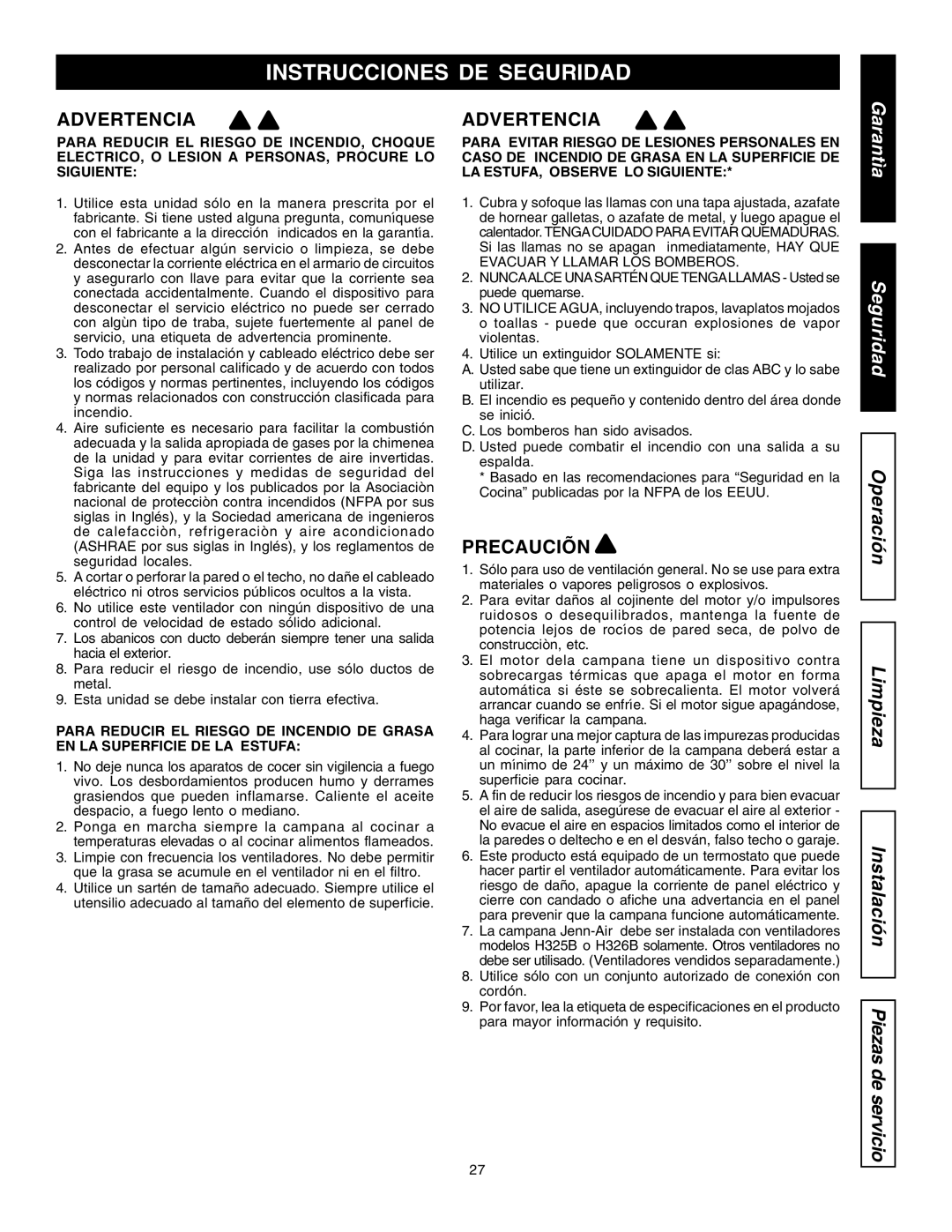 Jenn-Air JXT9030BDP, JXT9036BDP, JXT9048BDP installation manual Instrucciones DE Seguridad, Advertencia 