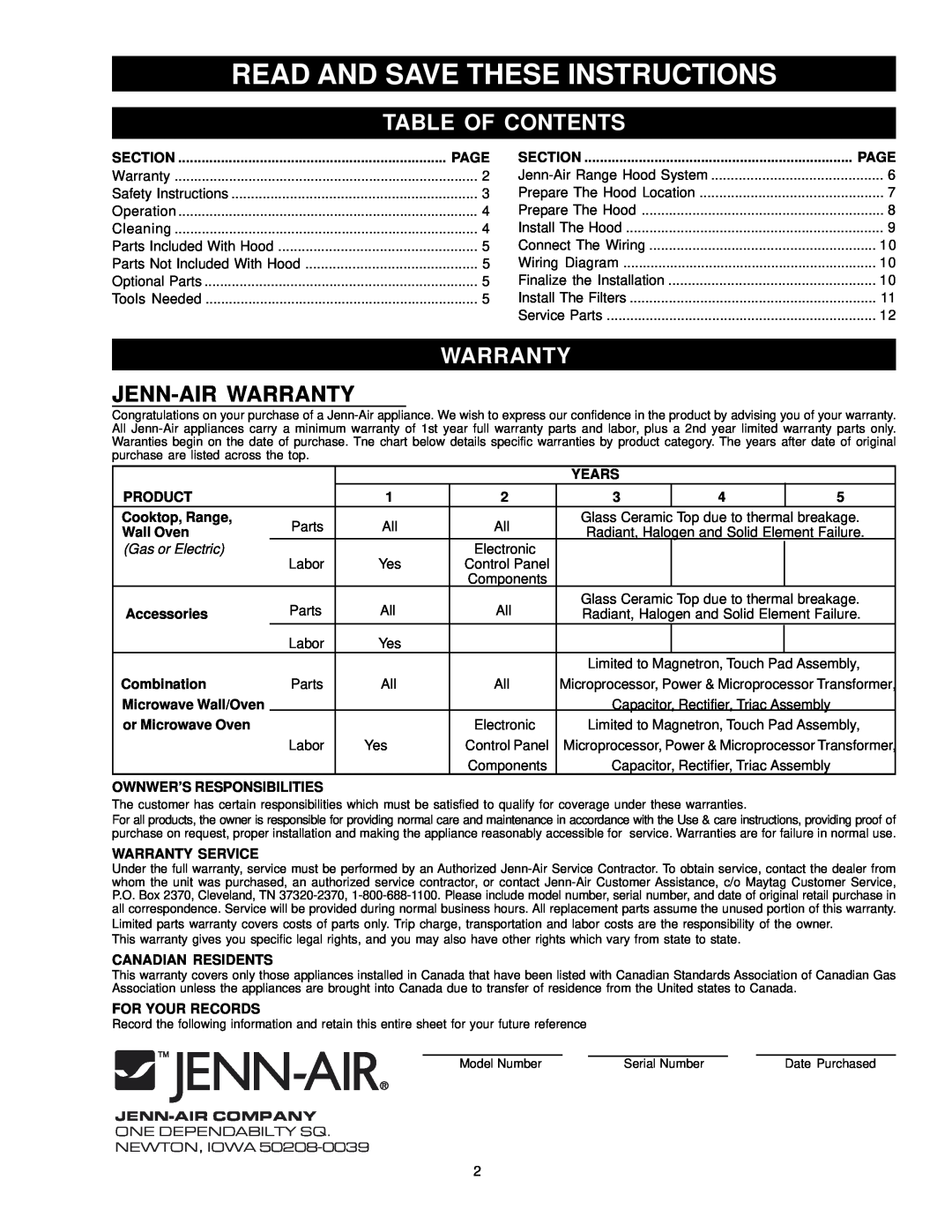 Jenn-Air JXT9048BDP Read And Save These Instructions, Table Of Contents, Jenn-Air Warranty, Section, Page, Years 