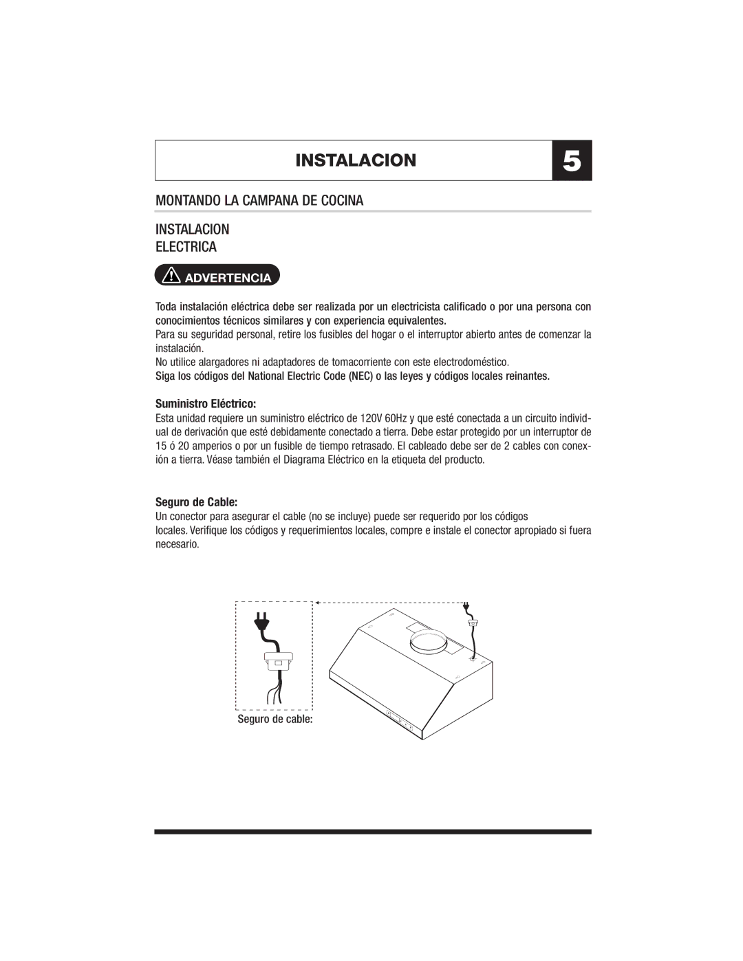 Jenn-Air JXT9130CDP INSTALACION5, Montando LA Campana DE Cocina Instalacion Electrica, Advertencia, Suministro Eléctrico 