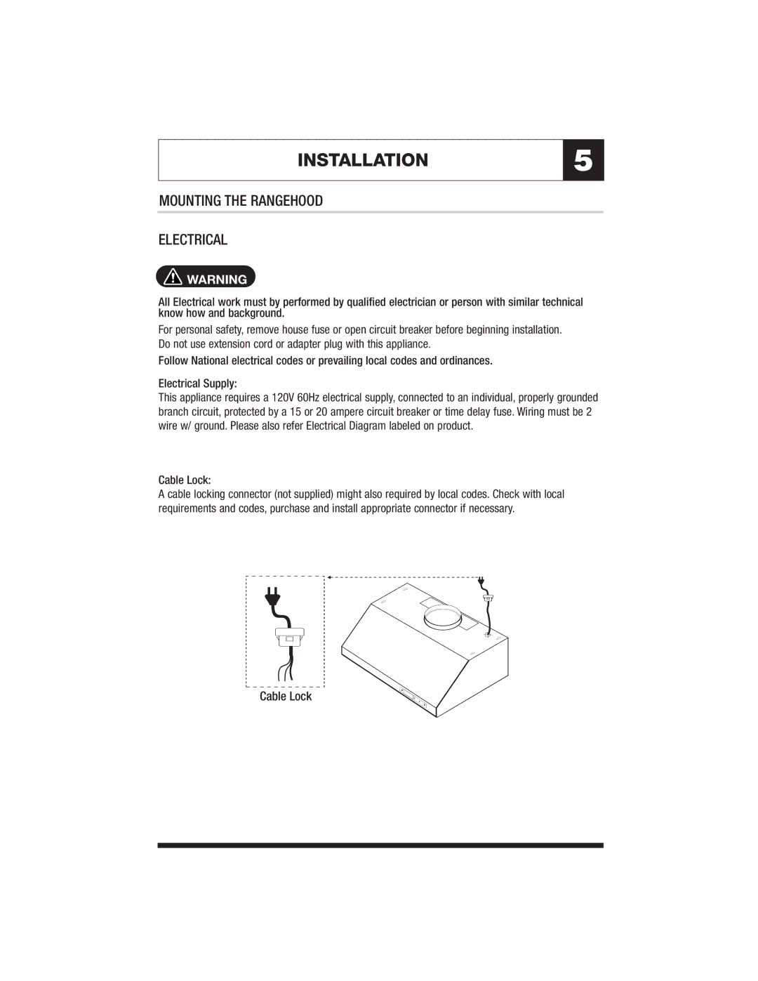 Jenn-Air JXT9130CDP, JXT9136CDP specifications INSTALLATION5, Mounting the Rangehood Electrical, Cable Lock 