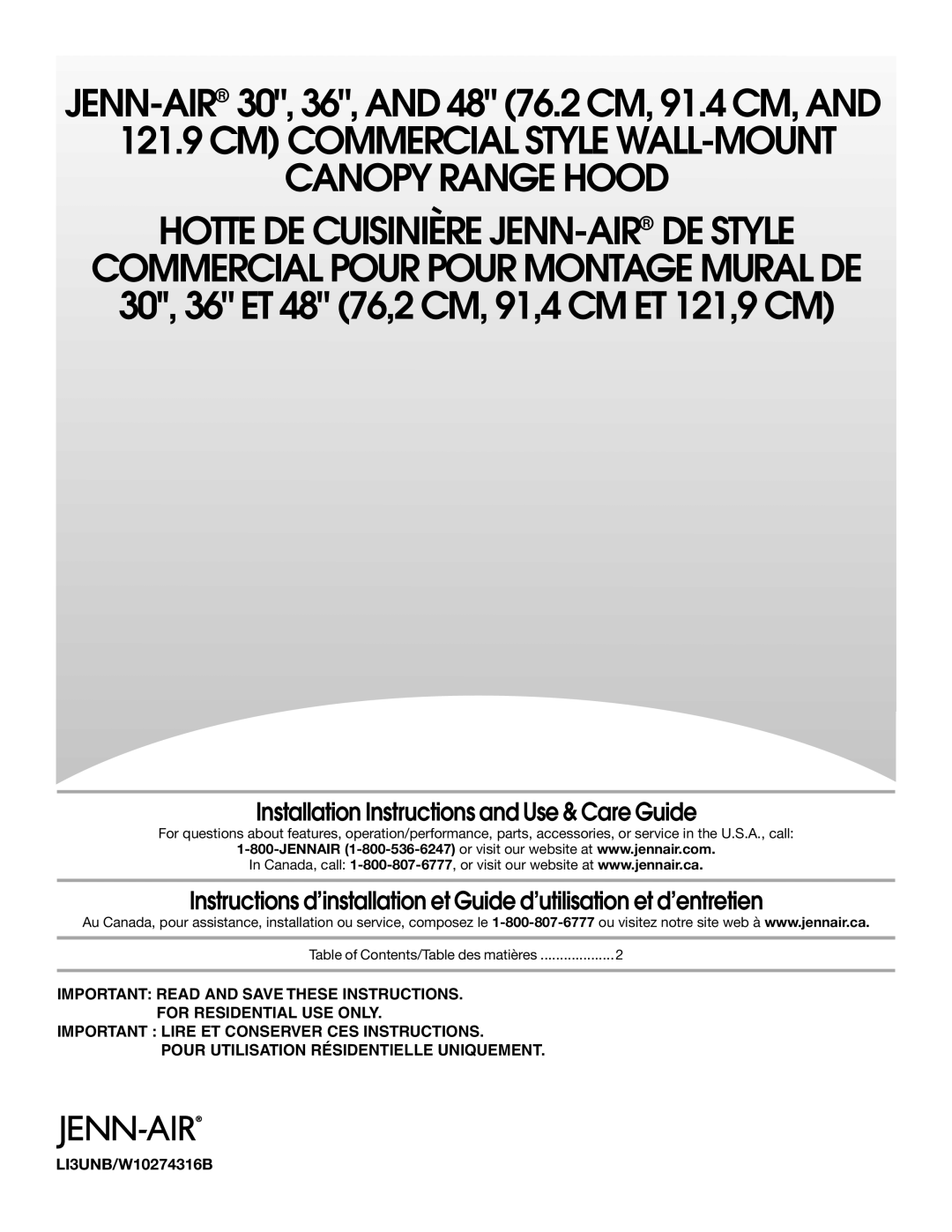 Jenn-Air LI3UNB/W10274316B installation instructions CM Commercial Style WALL-MOUNT Canopy Range Hood 