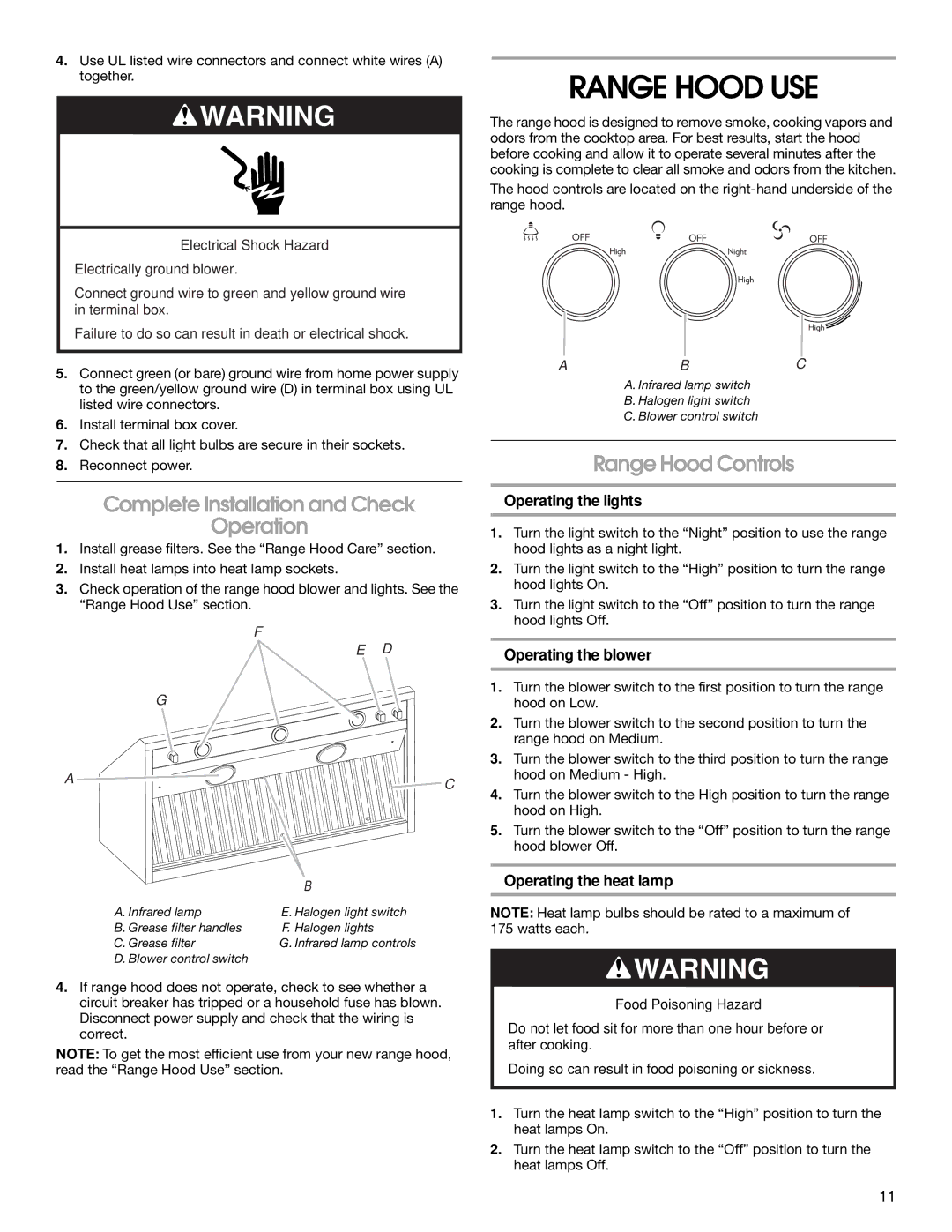 Jenn-Air LI3UNB/W10274316B Range Hood USE, Complete Installation and Check Operation, Range Hood Controls 