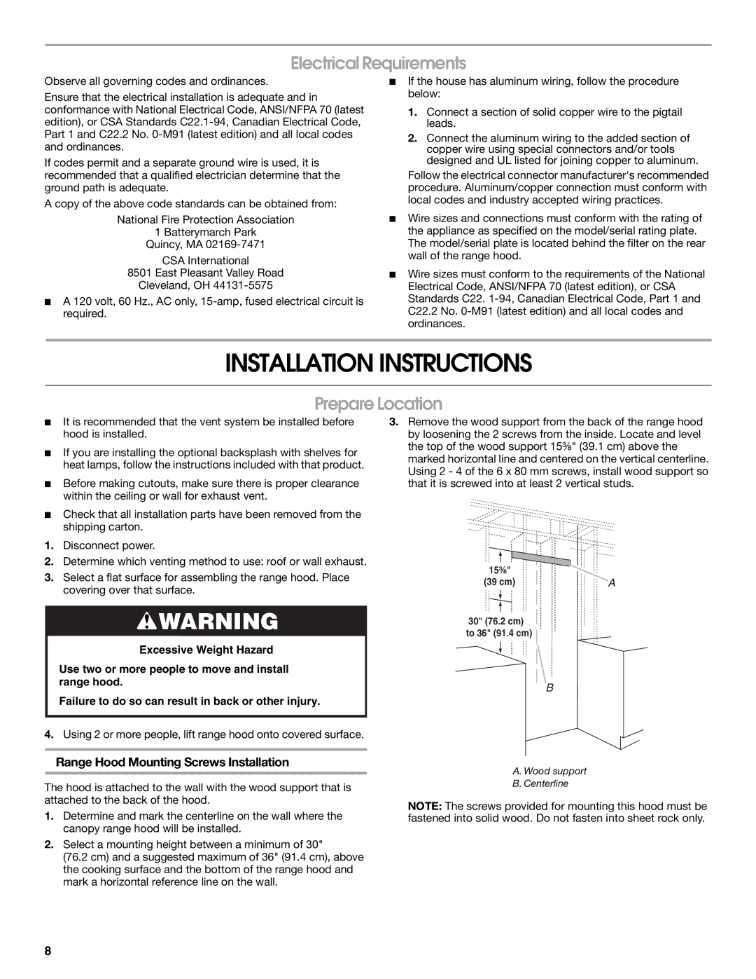 Jenn-Air LI3UNB/W10274316B installation instructions Installation Instructions, Electrical Requirements, Prepare Location 