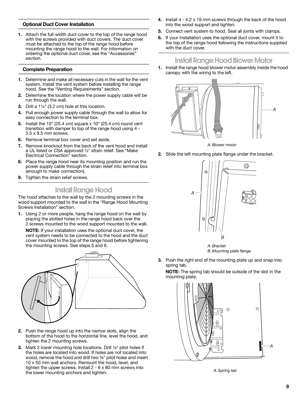 Jenn-Air LI3UNB/W10274316B Install Range Hood Blower Motor, Optional Duct Cover Installation, Complete Preparation 