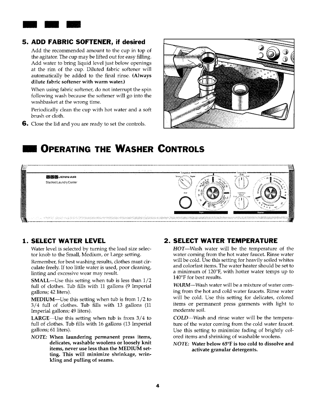 Jenn-Air LSG2704W, LSE2704W-C manual Operating the Washer Controls, Select Water Level, Select Water Temperature 