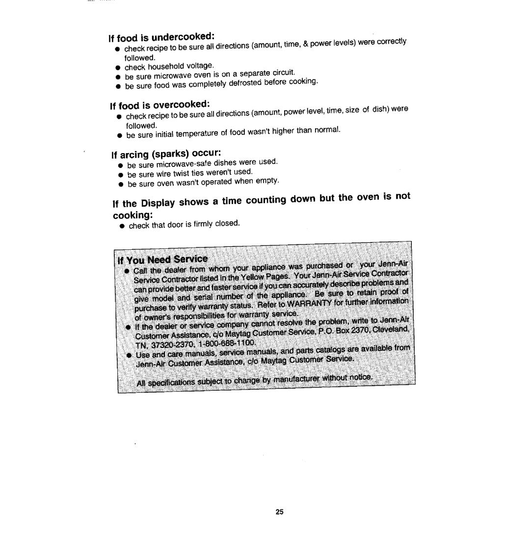 Jenn-Air M170 manual If food is undercooked, If arcing sparks occur, If food is overcooked 