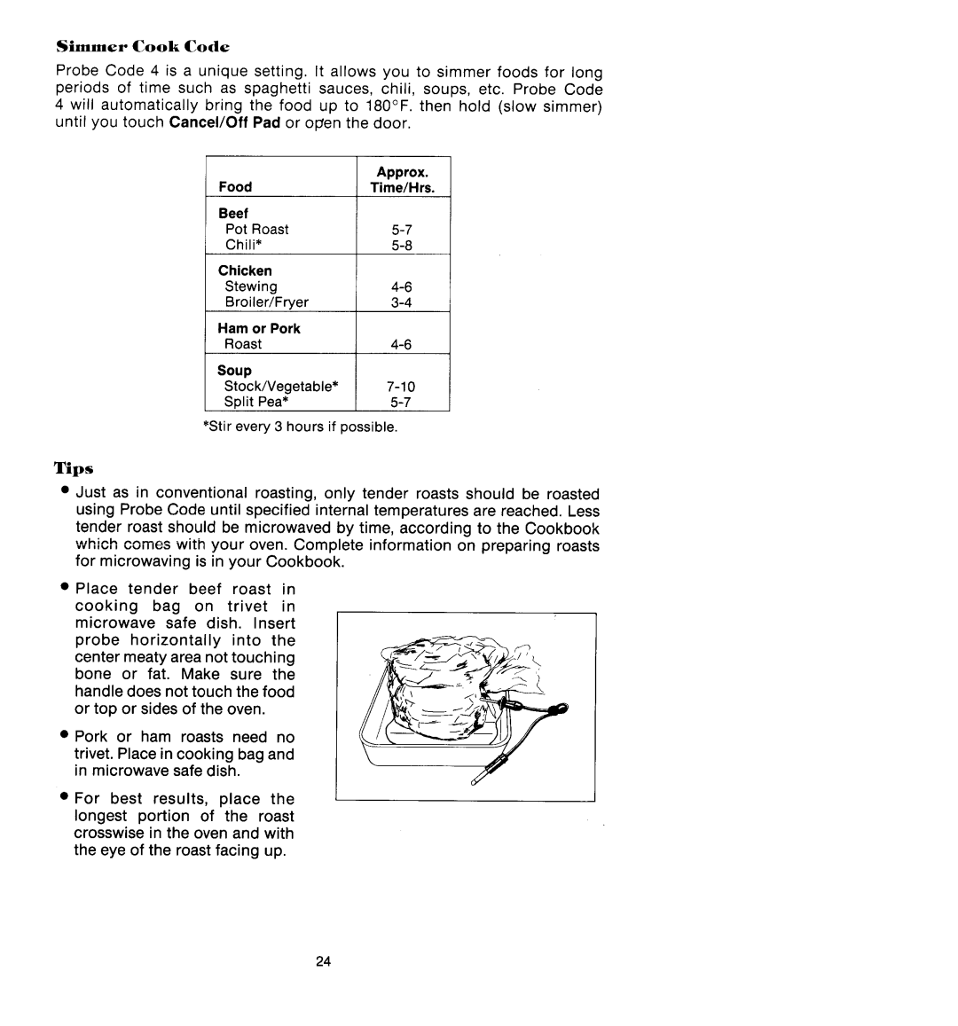 Jenn-Air M418, M438 manual Simmer Cook Code, Approx FoodTime/Hrs Beef, Tips 