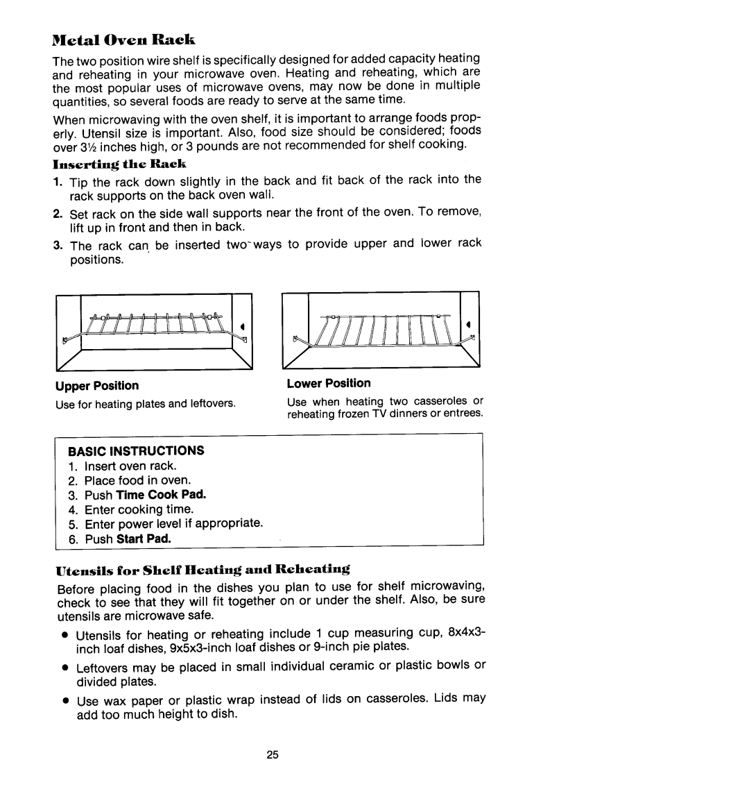 Jenn-Air M438, M418 manual Metal Oven Rack, Inserting the Rack, Utensils for Shelf Heating and Reheating 