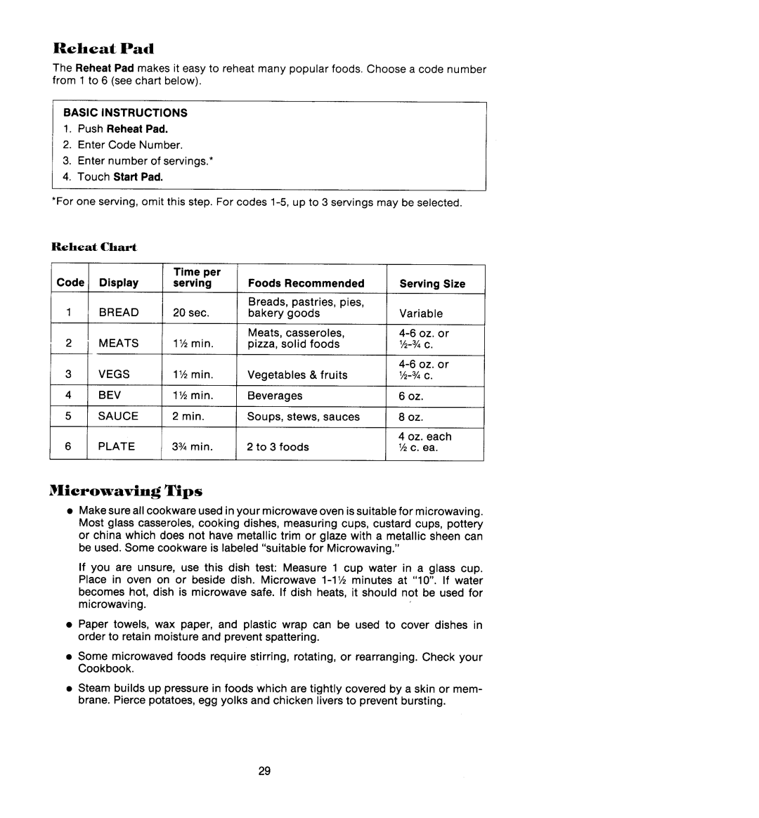 Jenn-Air M438, M418 manual Basic Instructions 1. Push Reheat Pad, Se c Bakery goods Variable Meats, casseroles Oz. or 