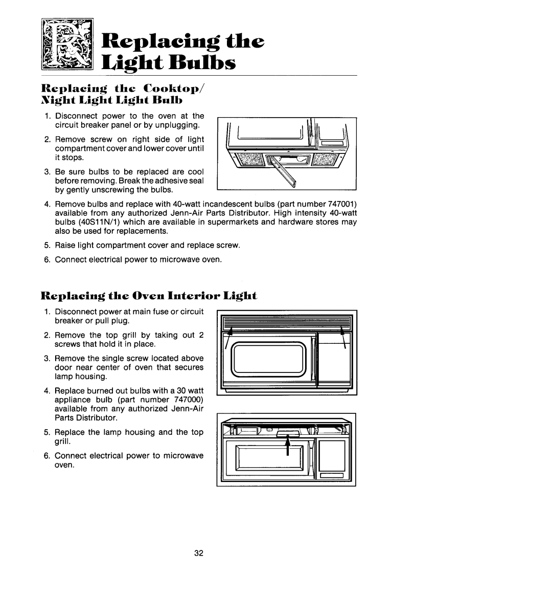 Jenn-Air M418, M438 manual Night Light Light Bulb, Replacing, Interior Light 