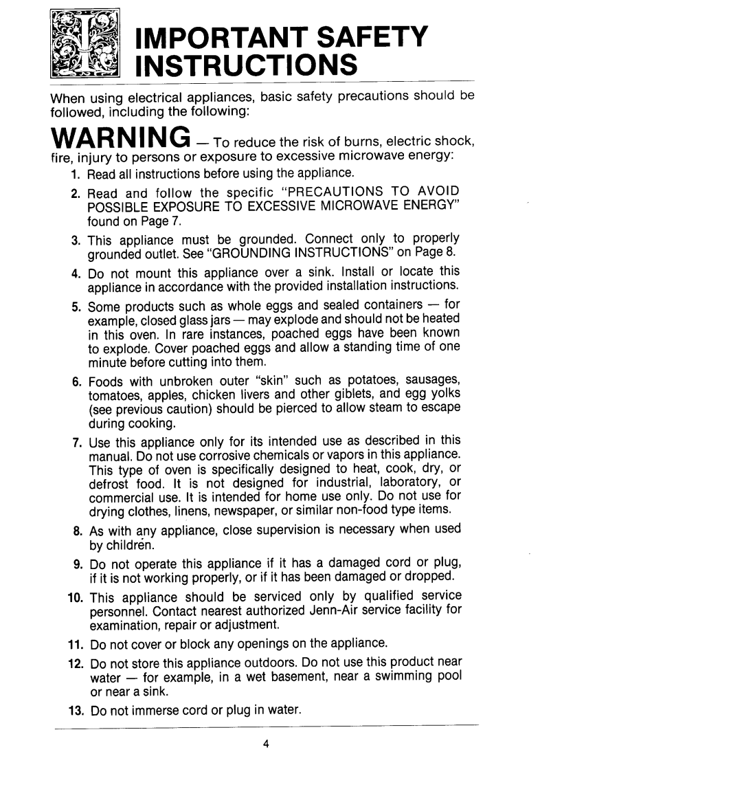 Jenn-Air M418, M438 manual Instructionsimportant Safety 