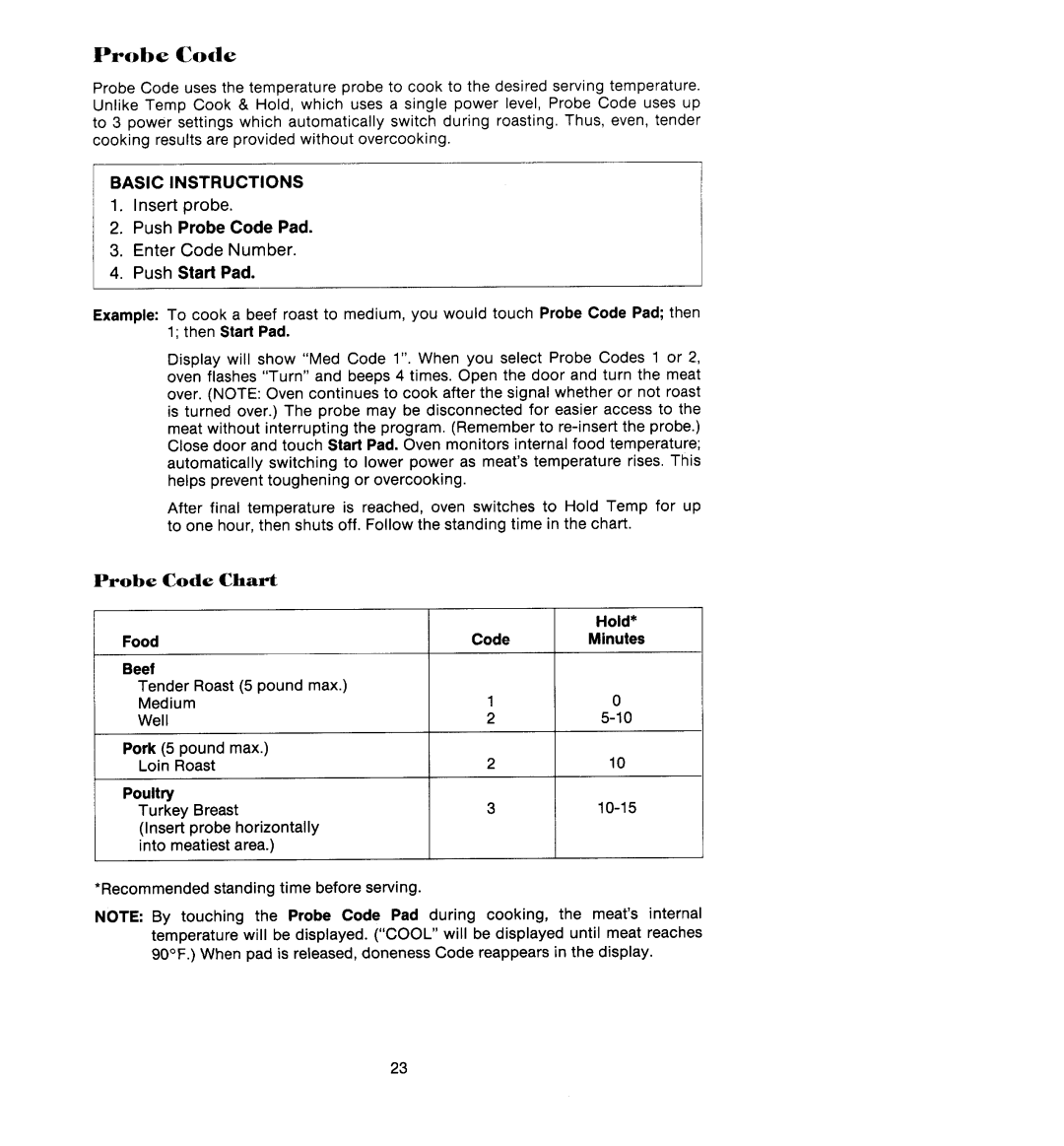 Jenn-Air M438, M418 manual Probe Code, Code Chart 