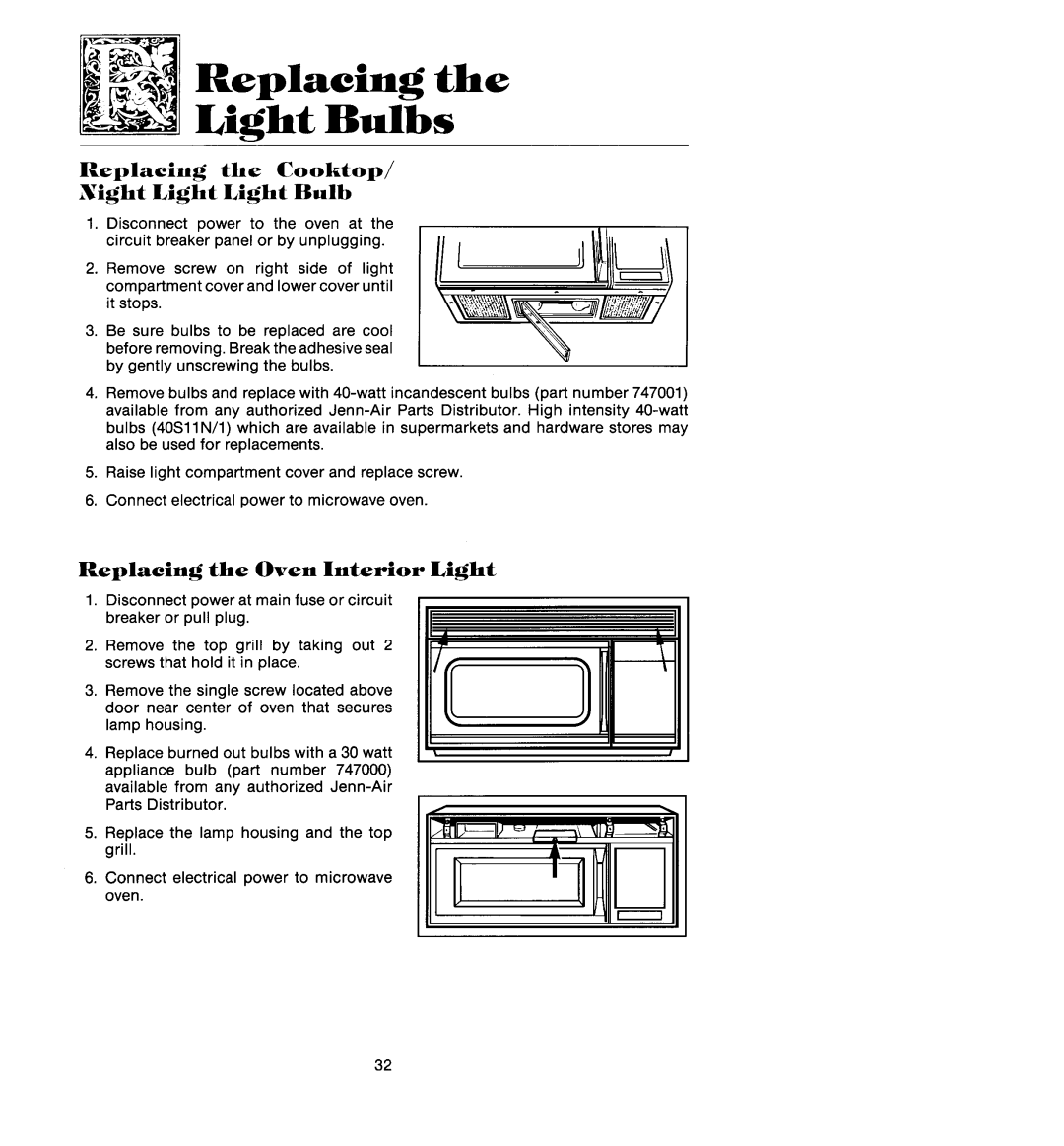 Jenn-Air M418, M438 manual Replacing the Cooktop, Night Light Light Bulb, Interior, Replacing the Light Bulbs, Oven 