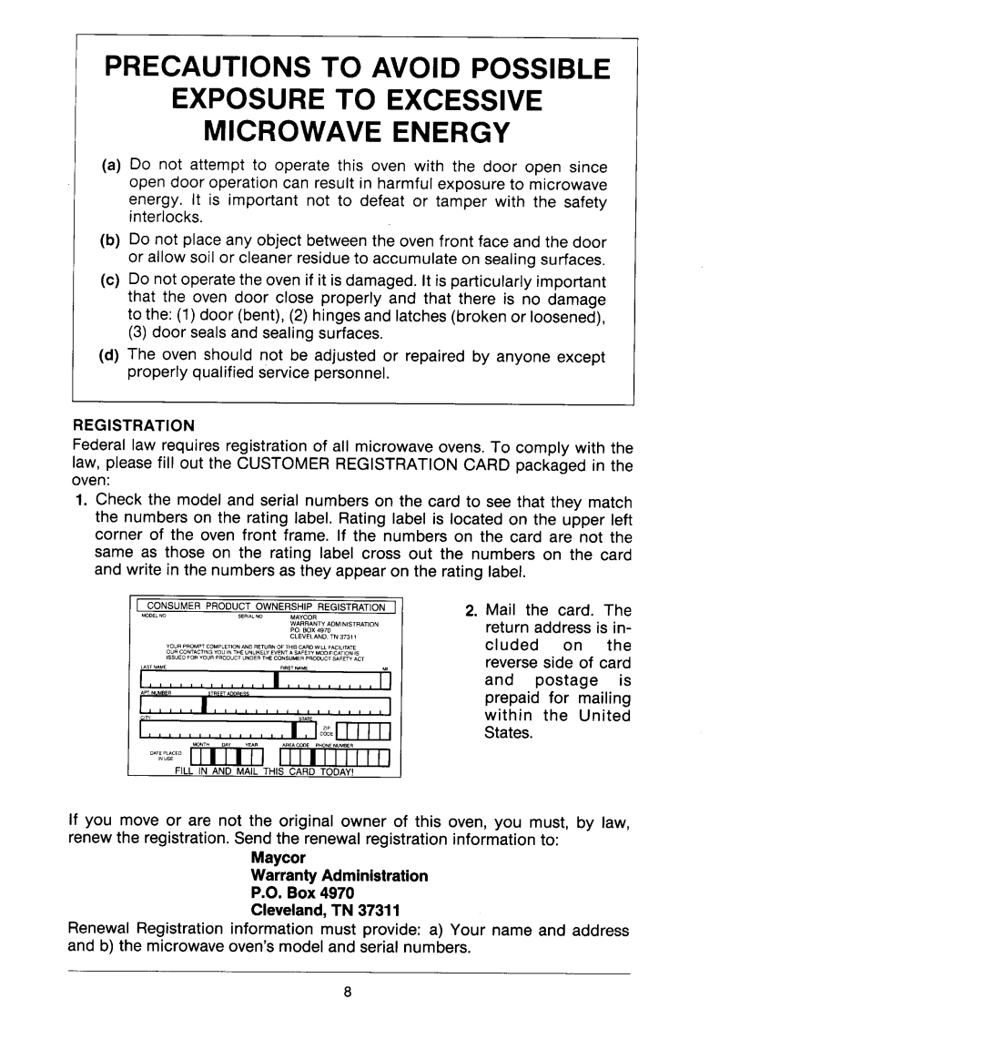 Jenn-Air M418, M438 manual Precautions To Avoid Possible, Exposure To Excessive Microwave Energy 