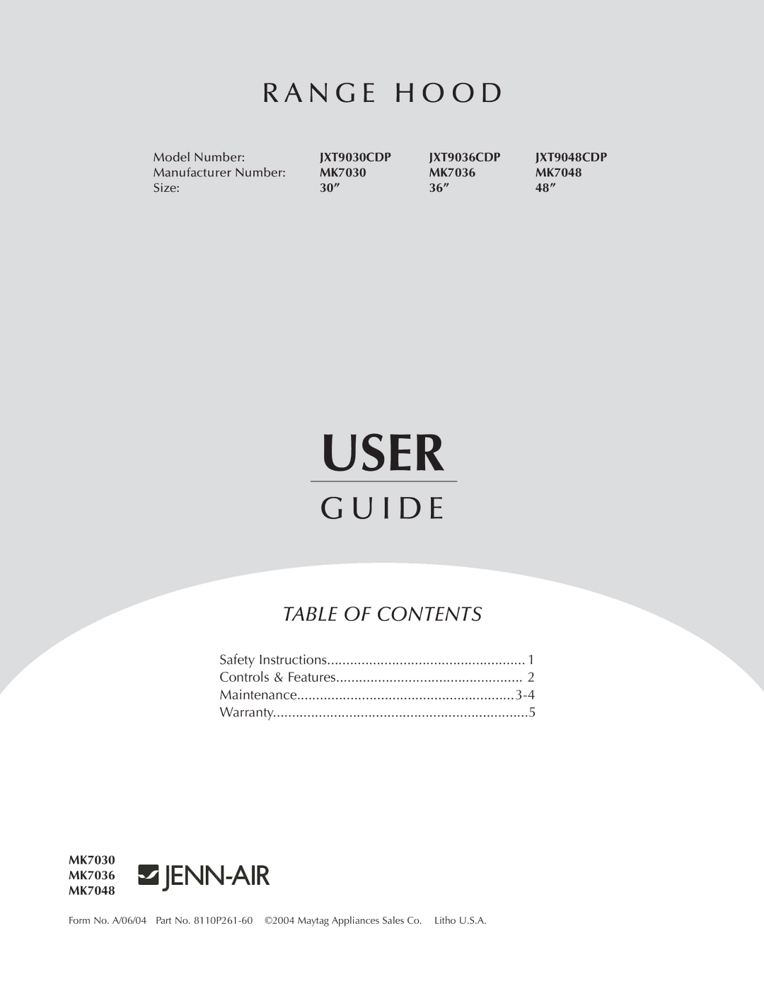 Jenn-Air MK7030, MK7048, MK7036 warranty User 