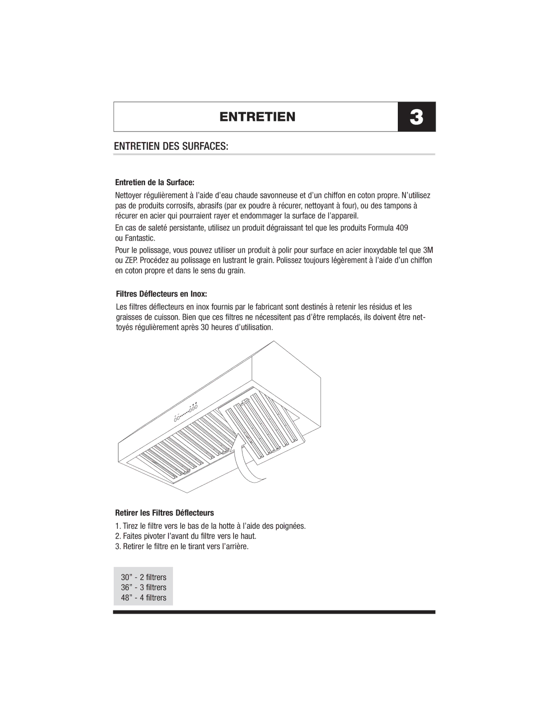 Jenn-Air MK7030, MK7048, MK7036 ENTRETIEN3, Entretien DES Surfaces, Entretien de la Surface, Filtres Déflecteurs en Inox 