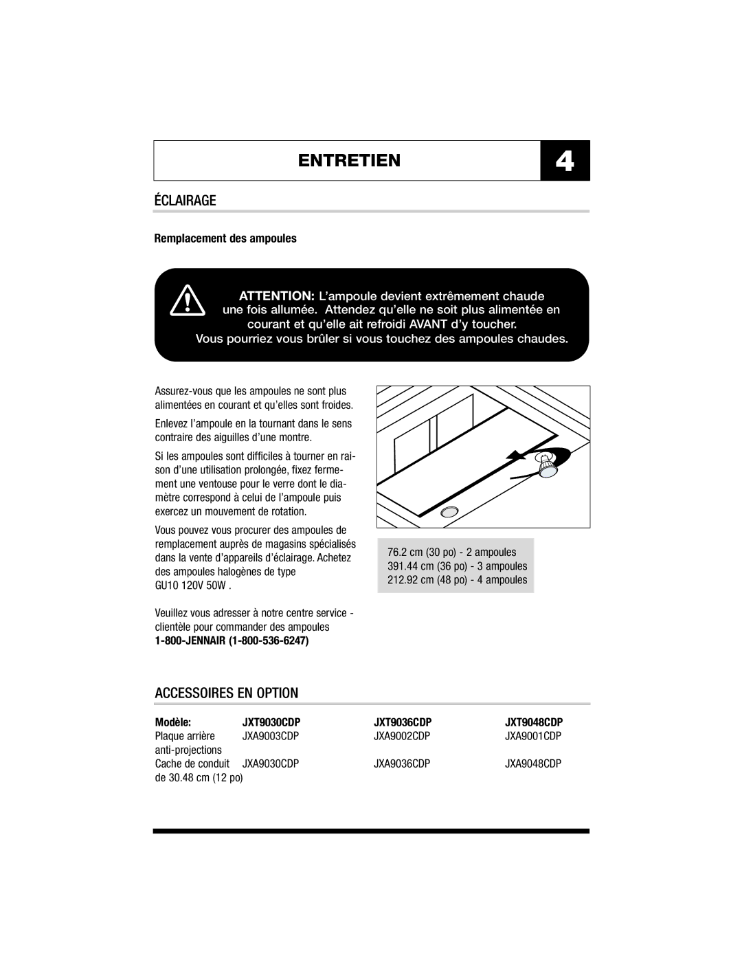 Jenn-Air MK7036, MK7048, MK7030 warranty ENTRETIEN4, Éclairage, Accessoires EN Option 