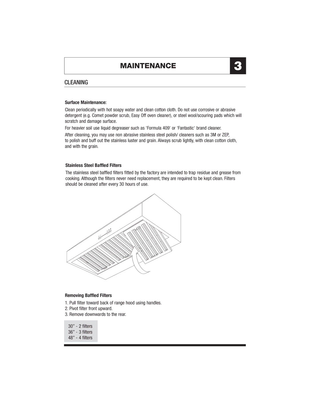 Jenn-Air MK7030 MAINTENANCE3, Cleaning, Surface Maintenance, Stainless Steel Baffled Filters, Removing Baffled Filters 