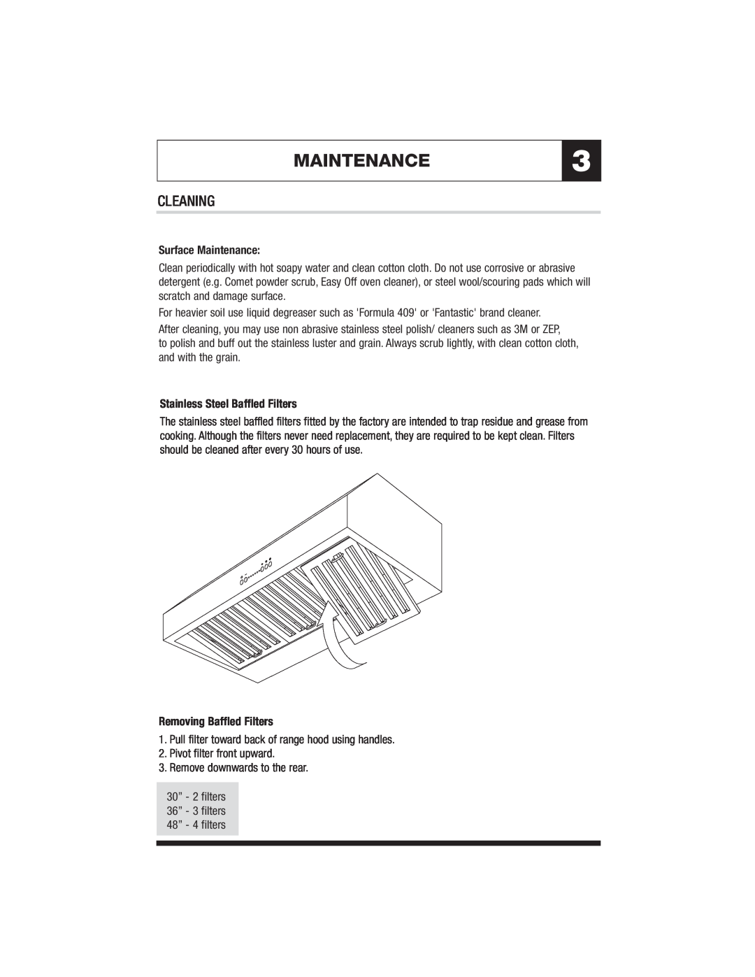 Jenn-Air MK7030 MAINTENANCE3, Cleaning, Surface Maintenance, Stainless Steel Baffled Filters, Removing Baffled Filters 