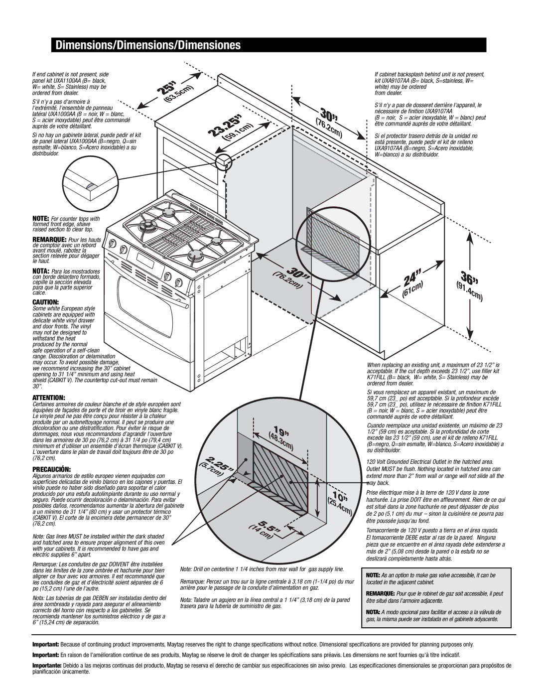 Jenn-Air Oven manual Dimensions/Dimensions/Dimensiones, 1cm, 4cm, 76.30 2cm 