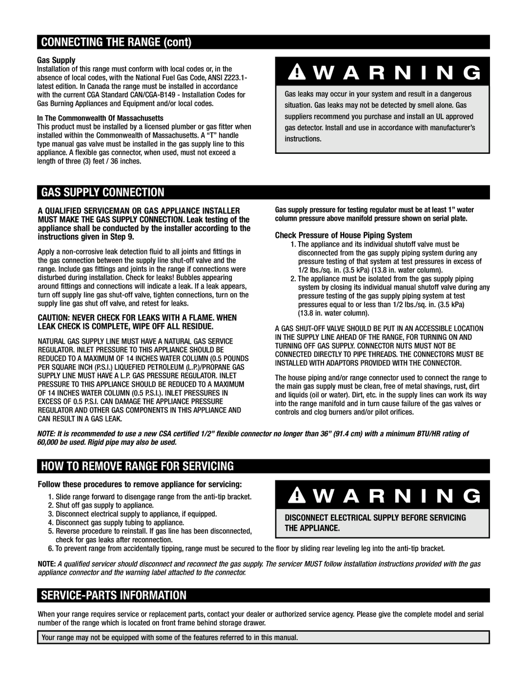 Jenn-Air Oven Connecting the Range, GAS Supply Connection, HOW to Remove Range for Servicing, SERVICE-PARTS Information 