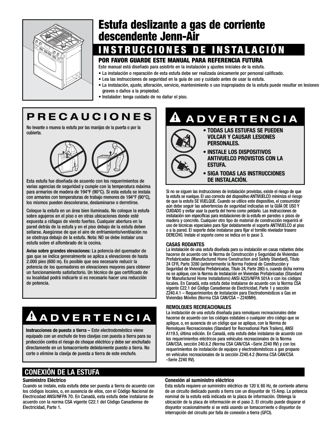 Jenn-Air Oven manual Conexión DE LA Estufa, Casas Rodantes, Remolques Recreacionales, Suministro Eléctrico 