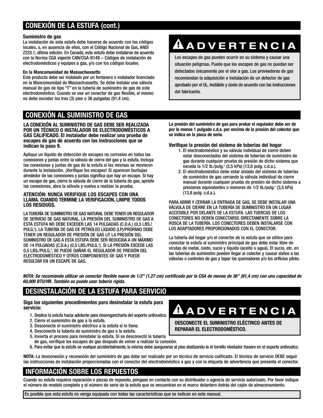 Jenn-Air Oven manual Conexión DE LA Estufa, Conexión AL Suministro DE GAS, Desinstalación DE LA Estufa Para Servicio 