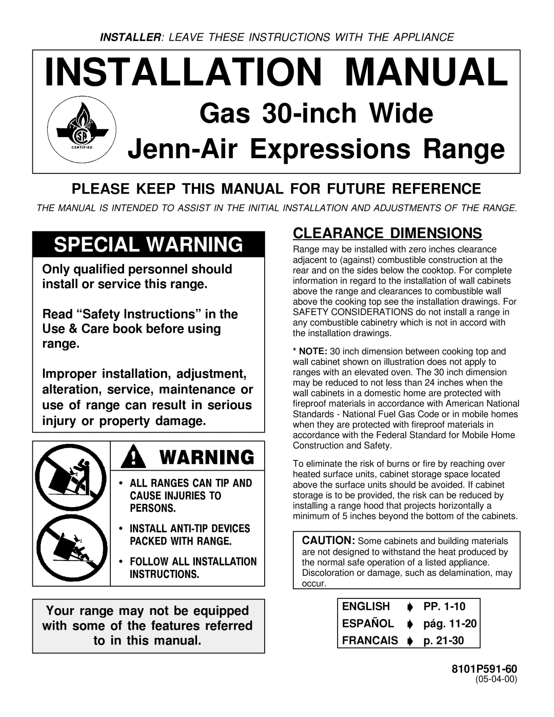 Jenn-Air Range installation manual Please Keep this Manual for Future Reference, Clearance Dimensions, English Español 