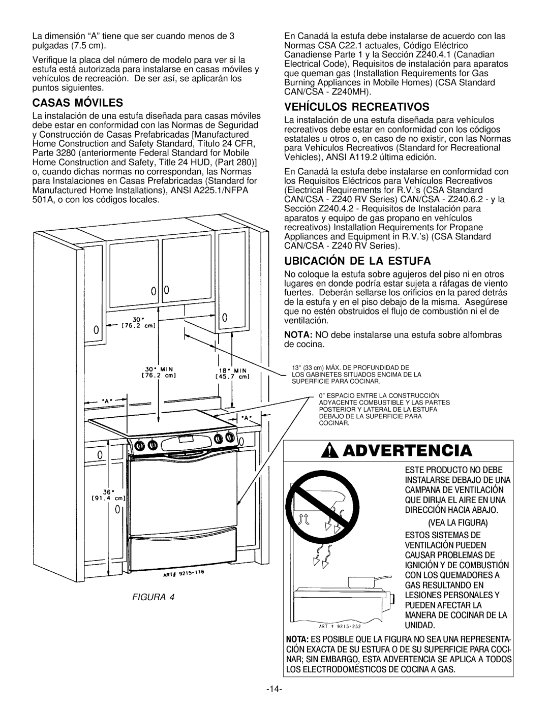 Jenn-Air Range installation manual Casas Móviles, Vehículos Recreativos, Ubicación DE LA Estufa 