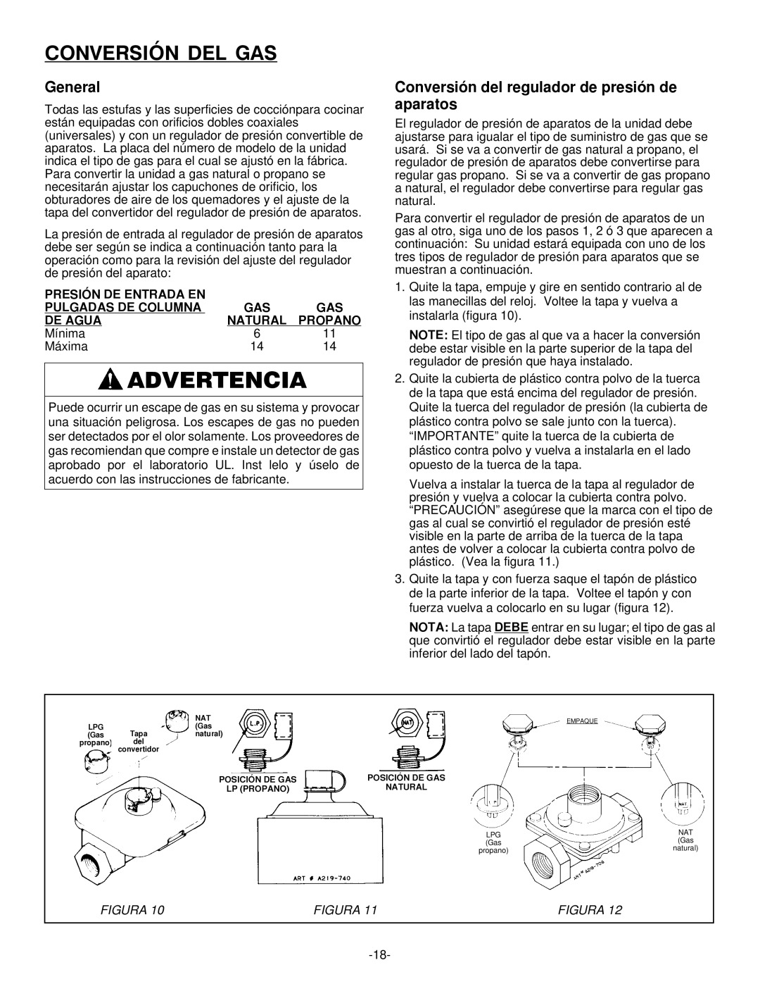 Jenn-Air Range installation manual Conversión DEL GAS, Conversión del regulador de presión de aparatos 