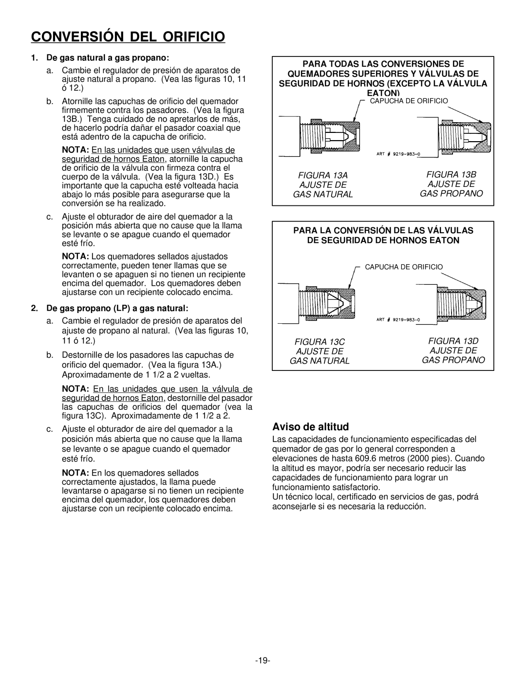 Jenn-Air Range Conversión DEL Orificio, Aviso de altitud, De gas natural a gas propano, De gas propano LP a gas natural 