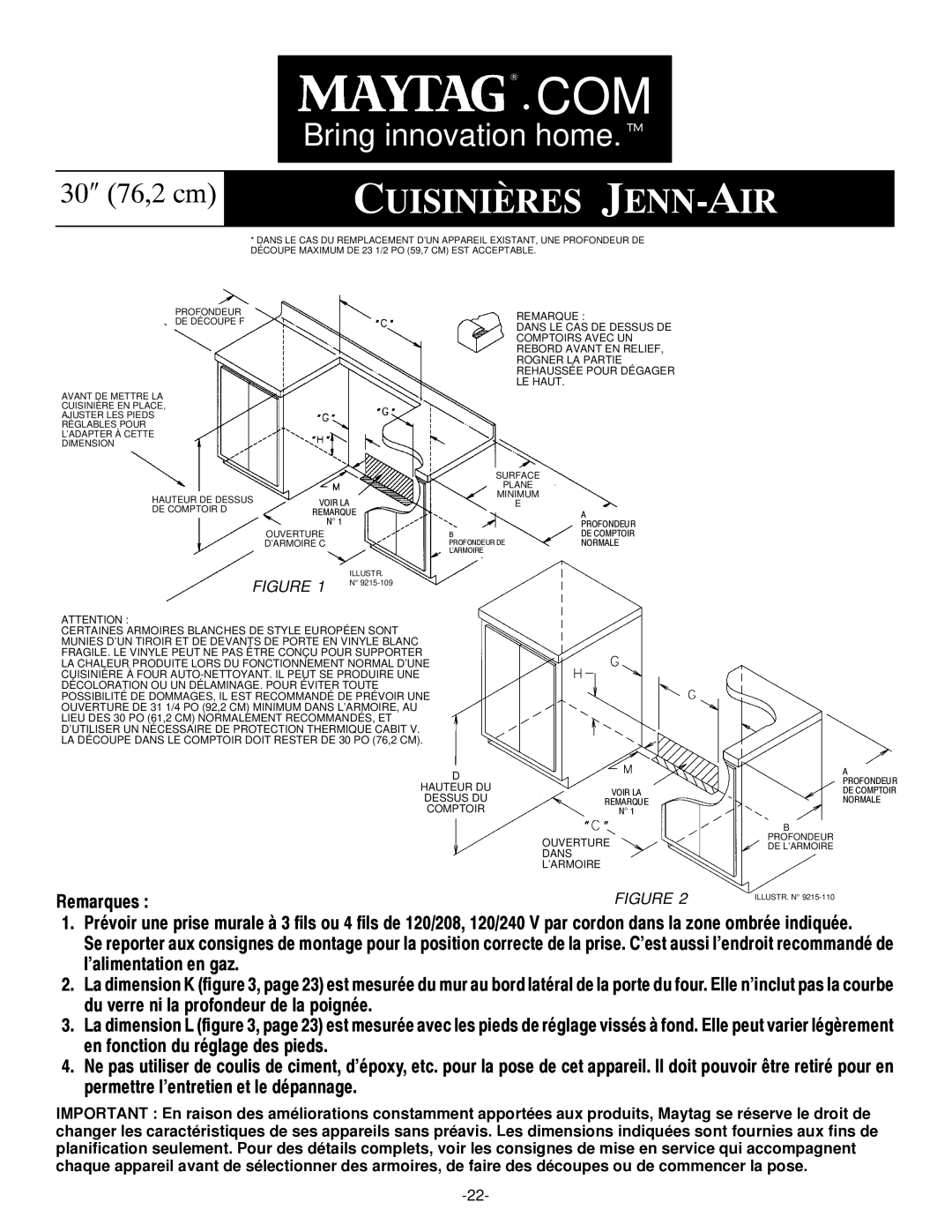 Jenn-Air Range installation manual Com, Remarques 