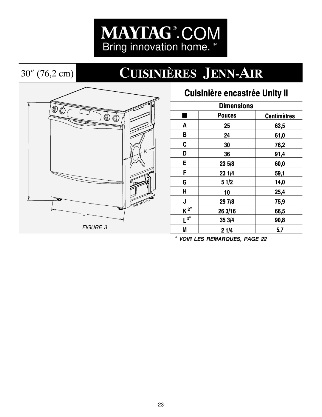 Jenn-Air Range installation manual Cuisinière encastrée Unity, Pouces Centimètres 