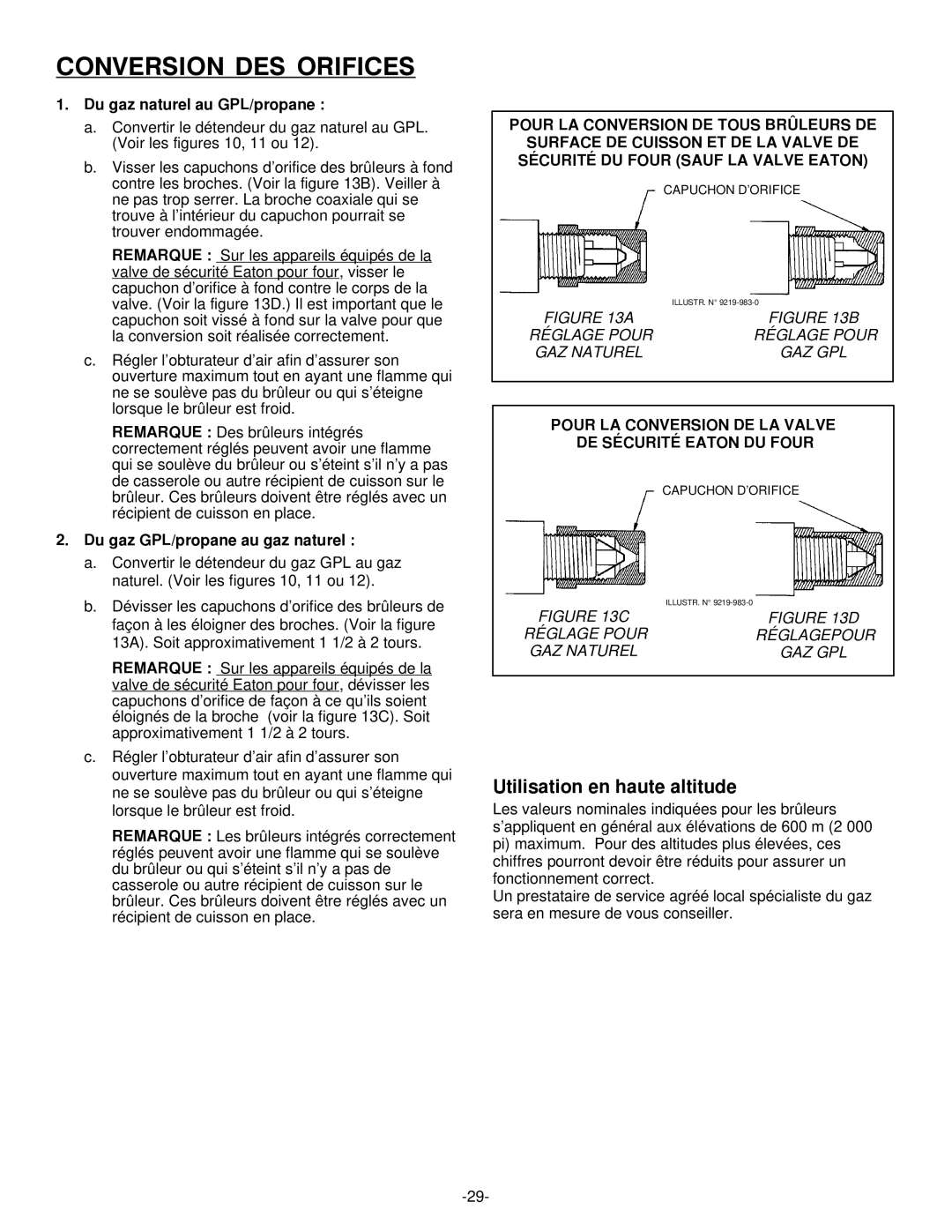 Jenn-Air Range installation manual Conversion DES Orifices, Utilisation en haute altitude, Du gaz naturel au GPL/propane 