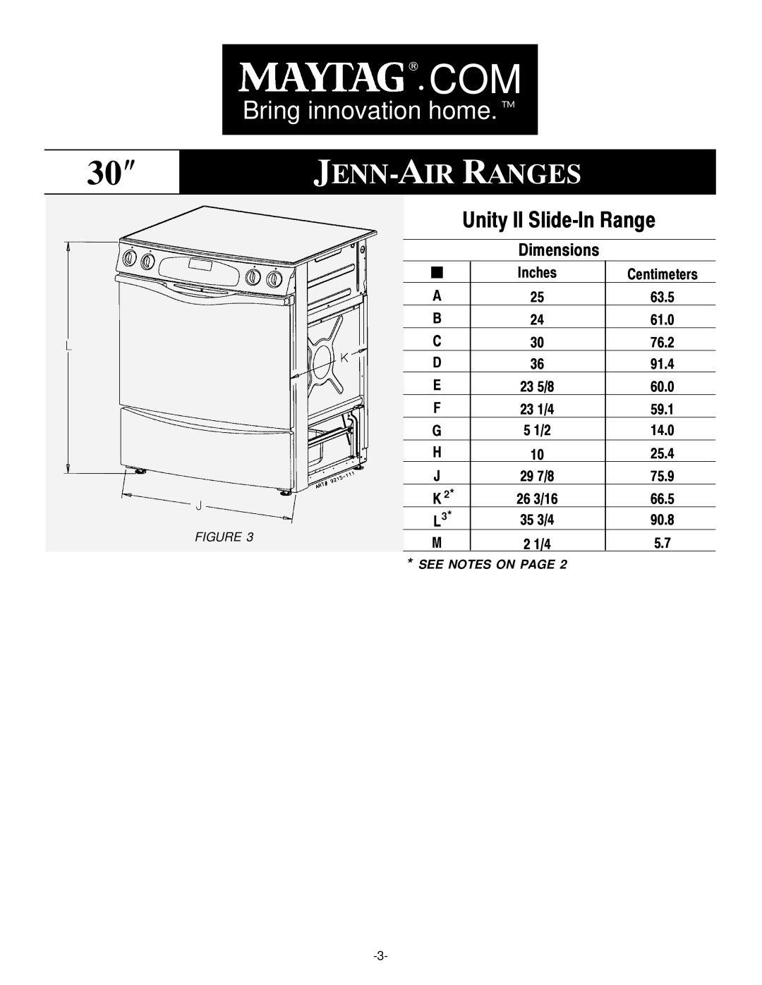 Jenn-Air installation manual Unity II Slide-In Range, Inches Centimeters 