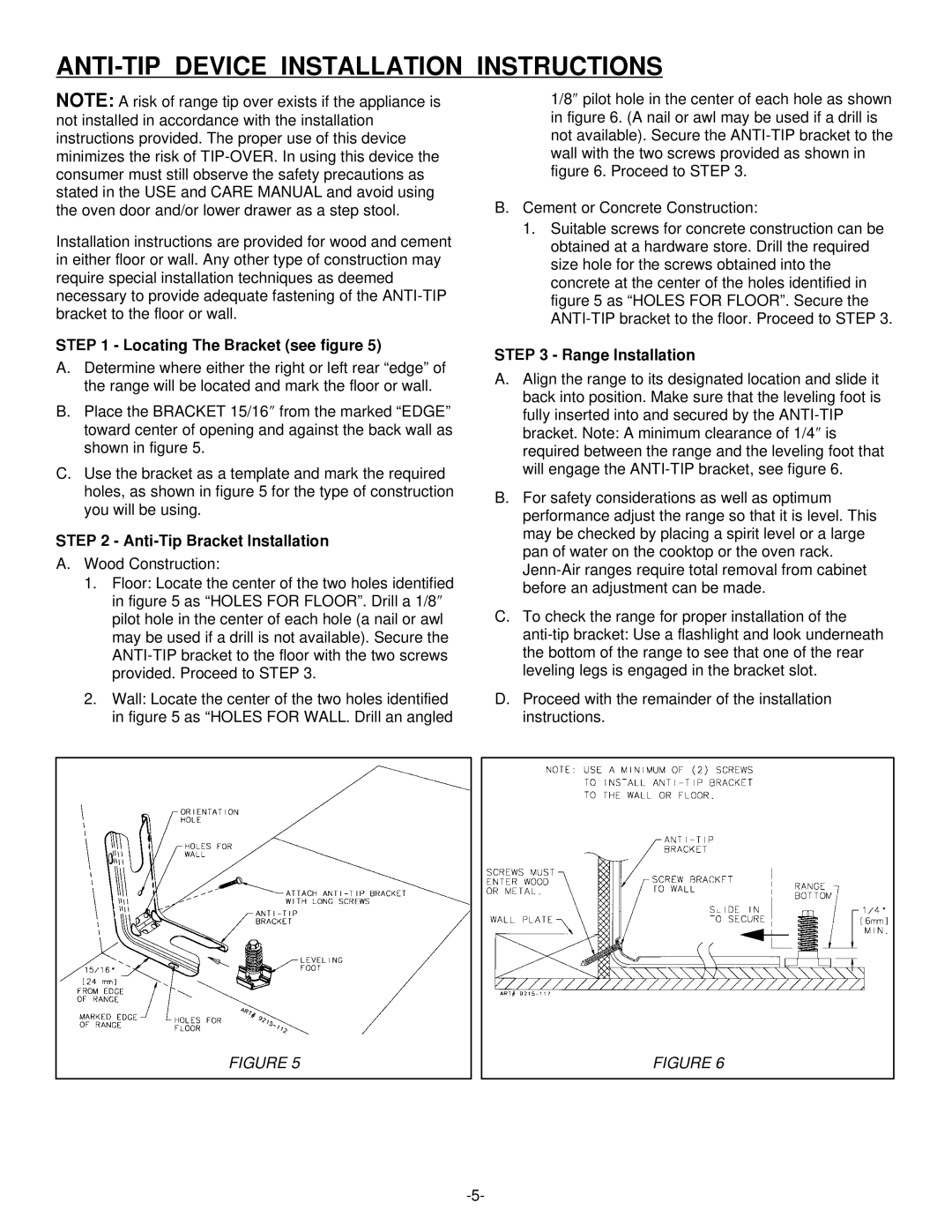 Jenn-Air Range ANTI-TIP Device Installation Instructions, Locating The Bracket see figure, Anti-Tip Bracket Installation 