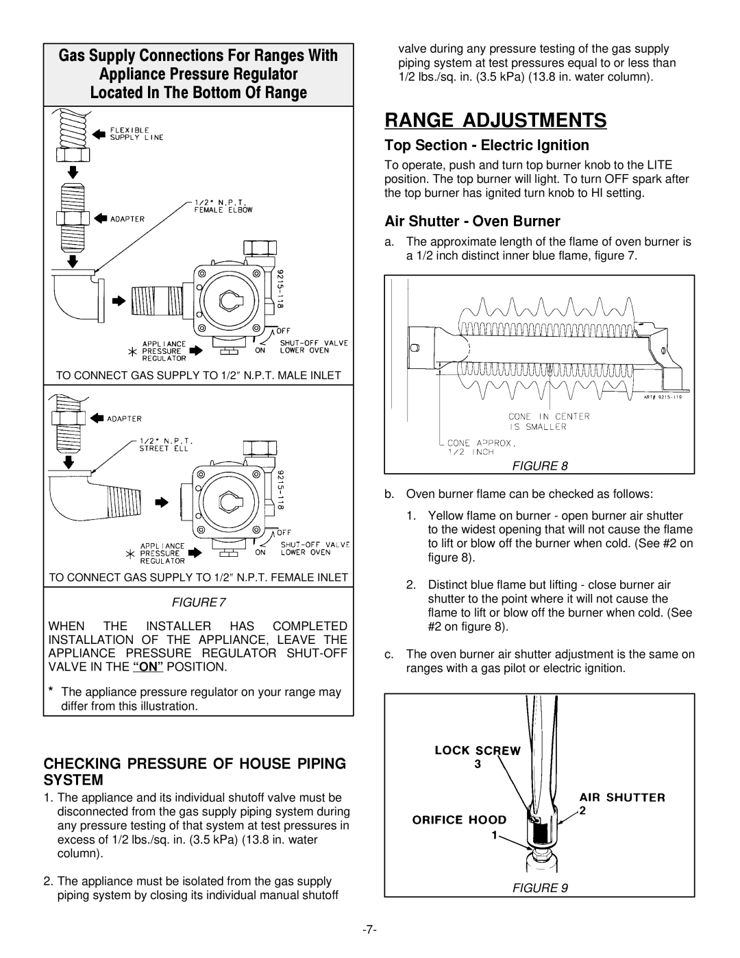 Jenn-Air installation manual Range Adjustments, Checking Pressure of House Piping System, Top Section Electric Ignition 